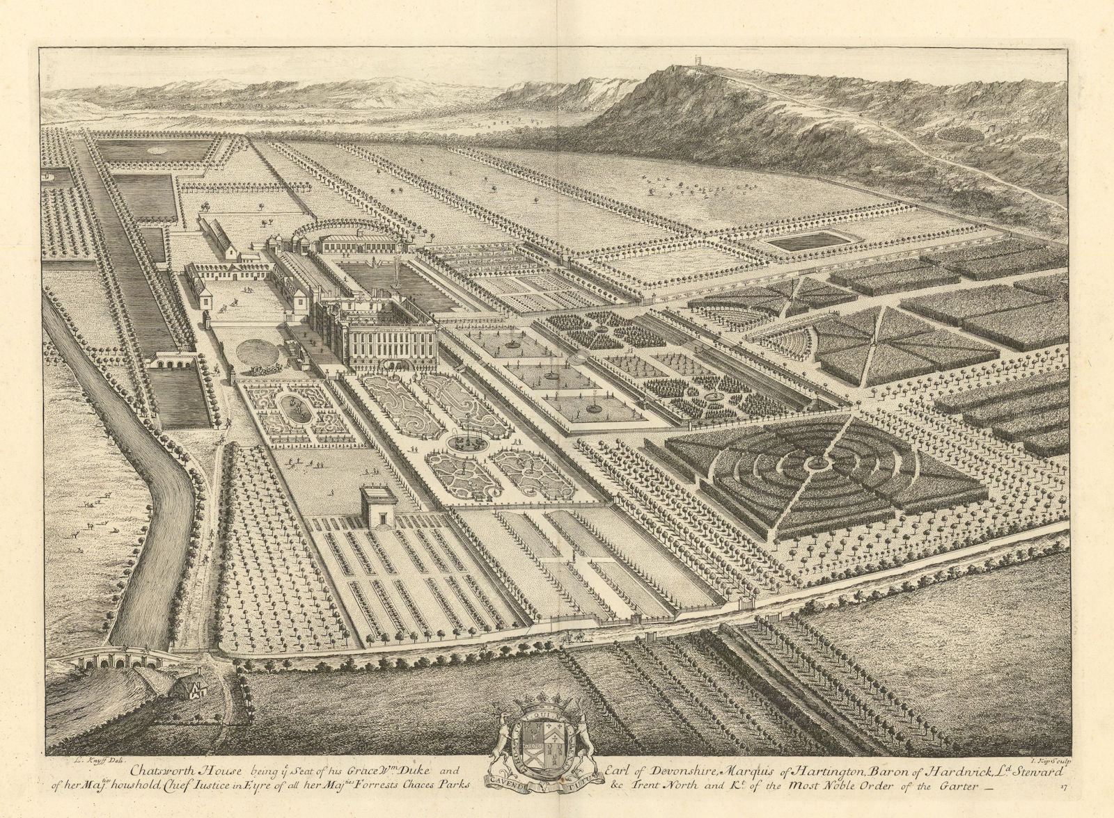 Chatsworth House, Derbyshire Dales, by Kip & Knyff. Peak District 1709 print